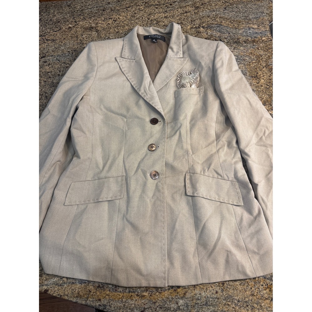Kasper Womens Tan Beige 3-Button Blazer Jacket Size 10 with Silk Pocket Square